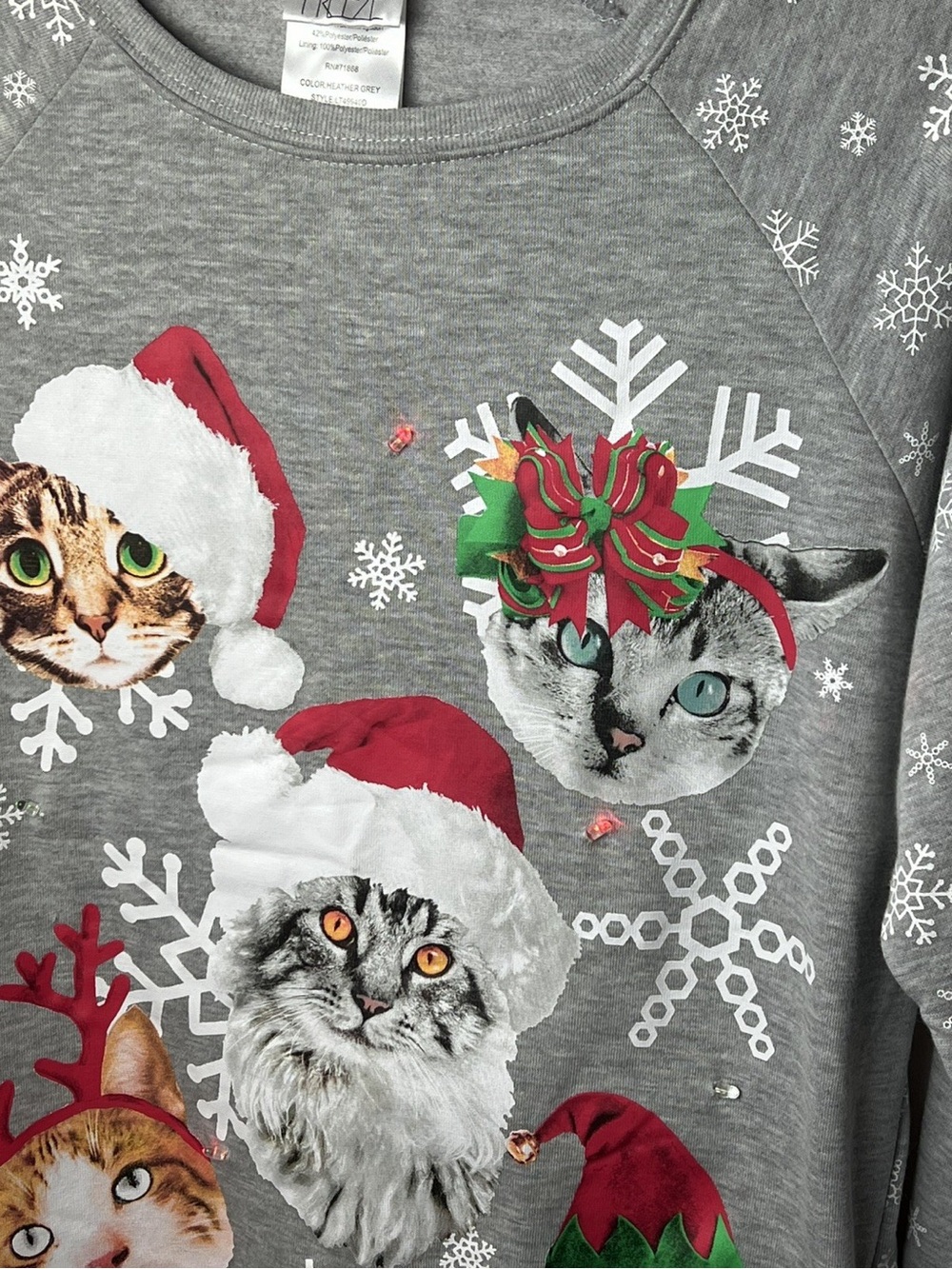 Freeze gray long sleeve cat light up Christmas sweater - Picture 5 of 7